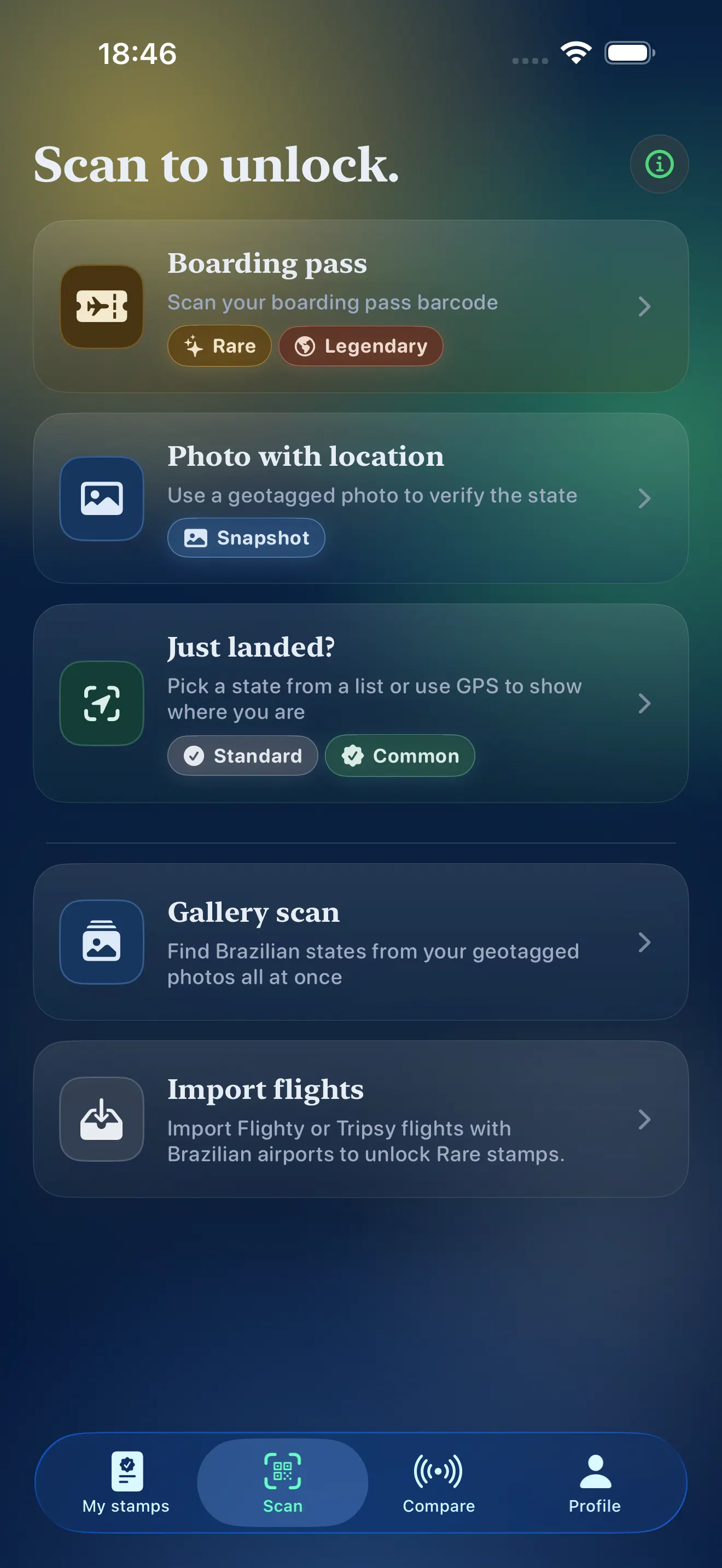 Stamp Hunt Brasil Scan to unlock screen in dark mode, with boarding pass, geotagged photo and GPS options