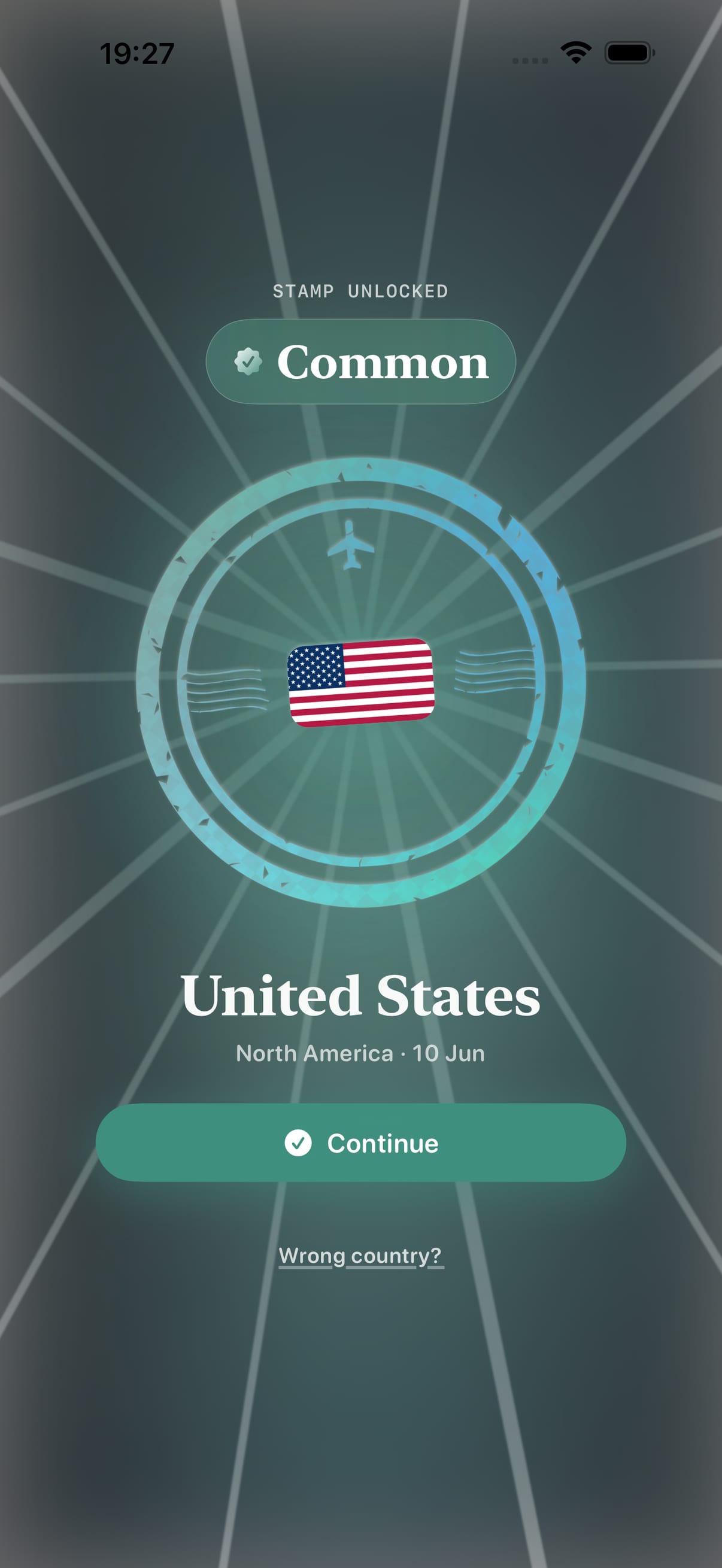 Stamp Hunt celebration screen for a Common-tier country stamp