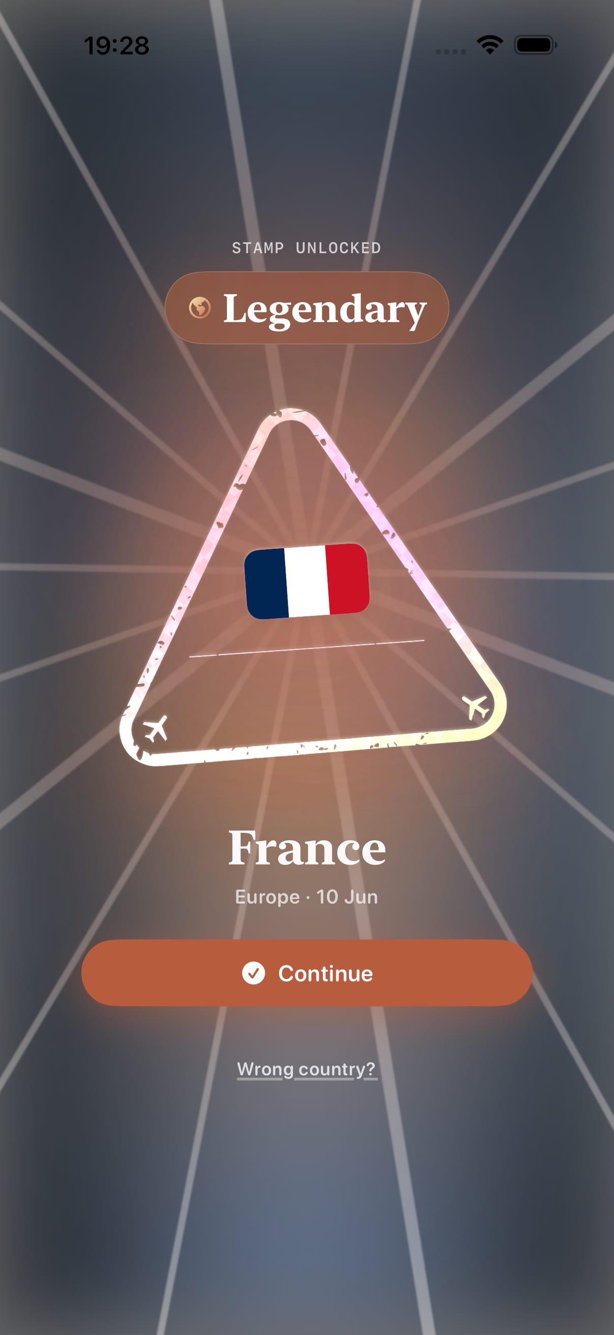 Stamp Hunt celebration screen for a Legendary-tier country stamp