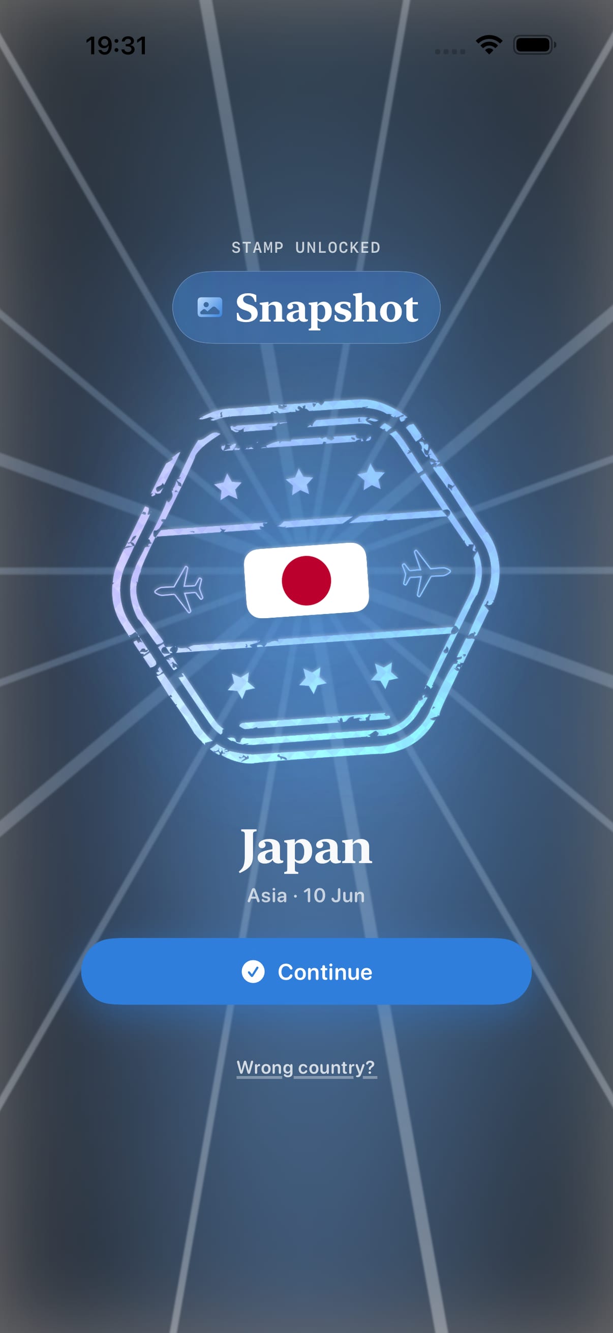 Stamp Hunt celebration screen for a Snapshot-tier country stamp