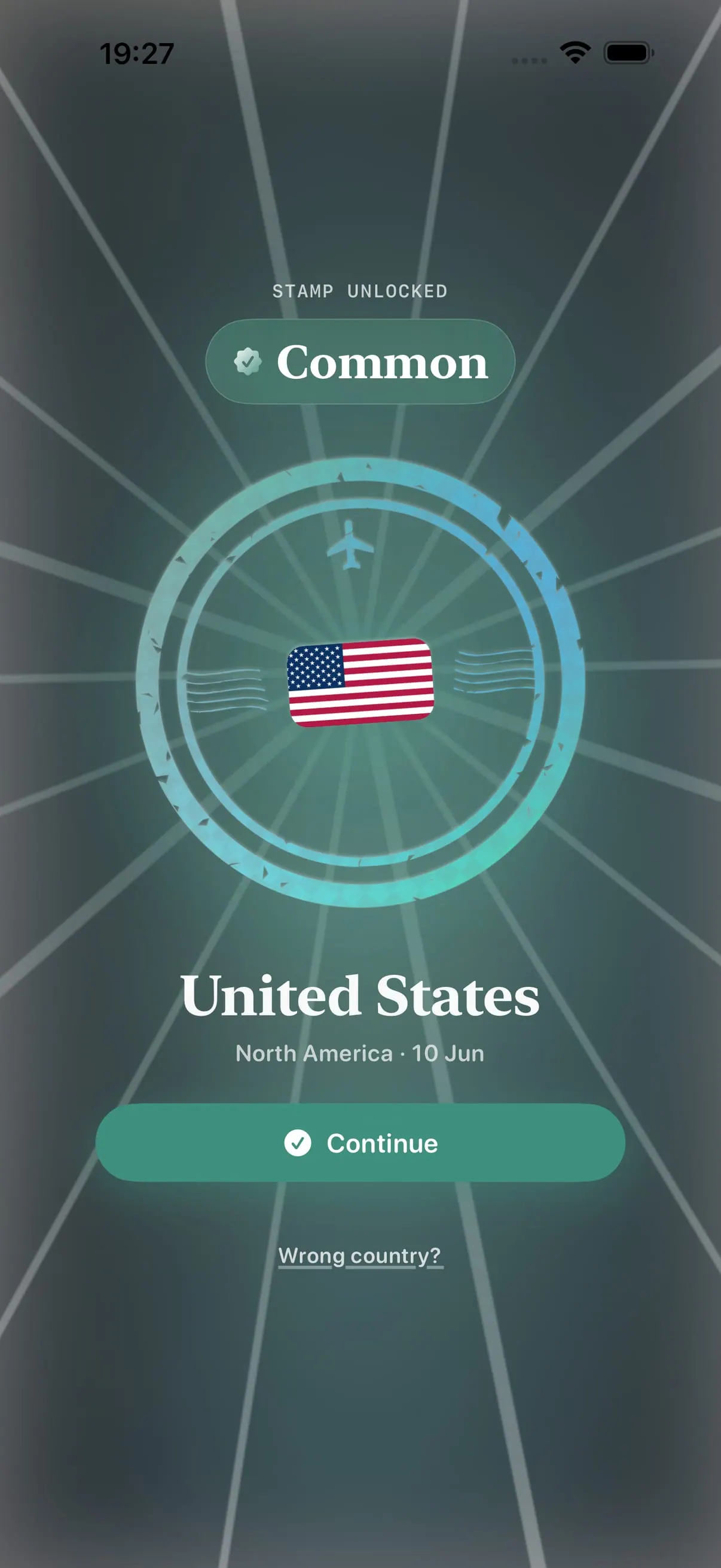 Stamp Hunt celebration screen for a Common-tier country stamp