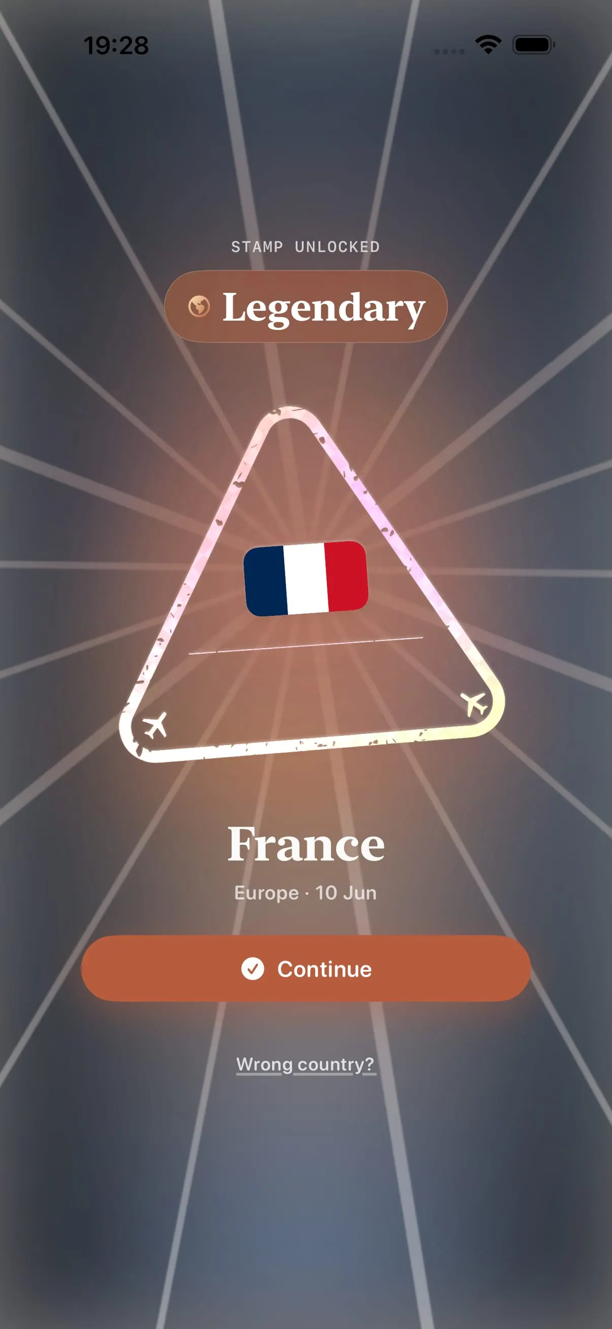 Stamp Hunt celebration screen for a Legendary-tier country stamp