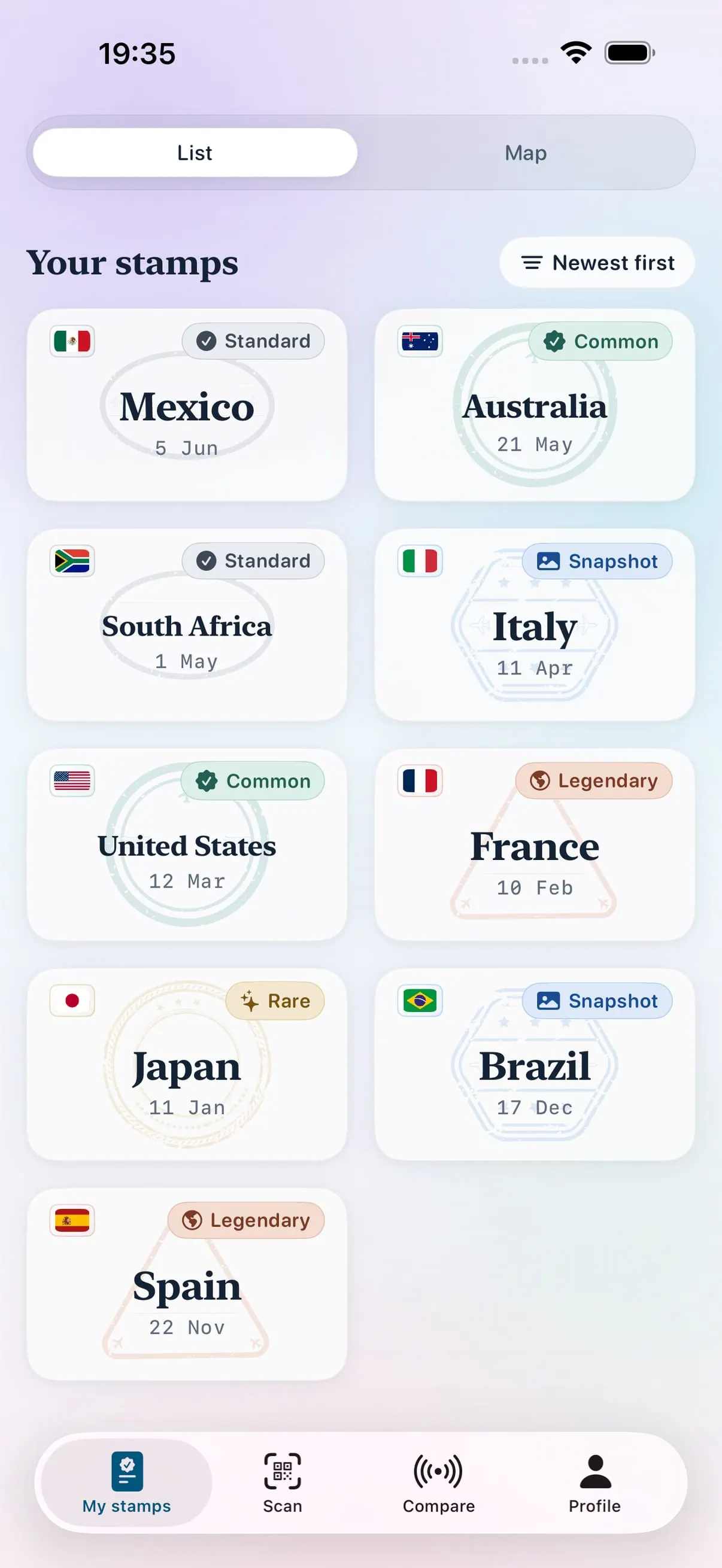 Seus carimbos — a tela de passaporte do Stamp Hunt