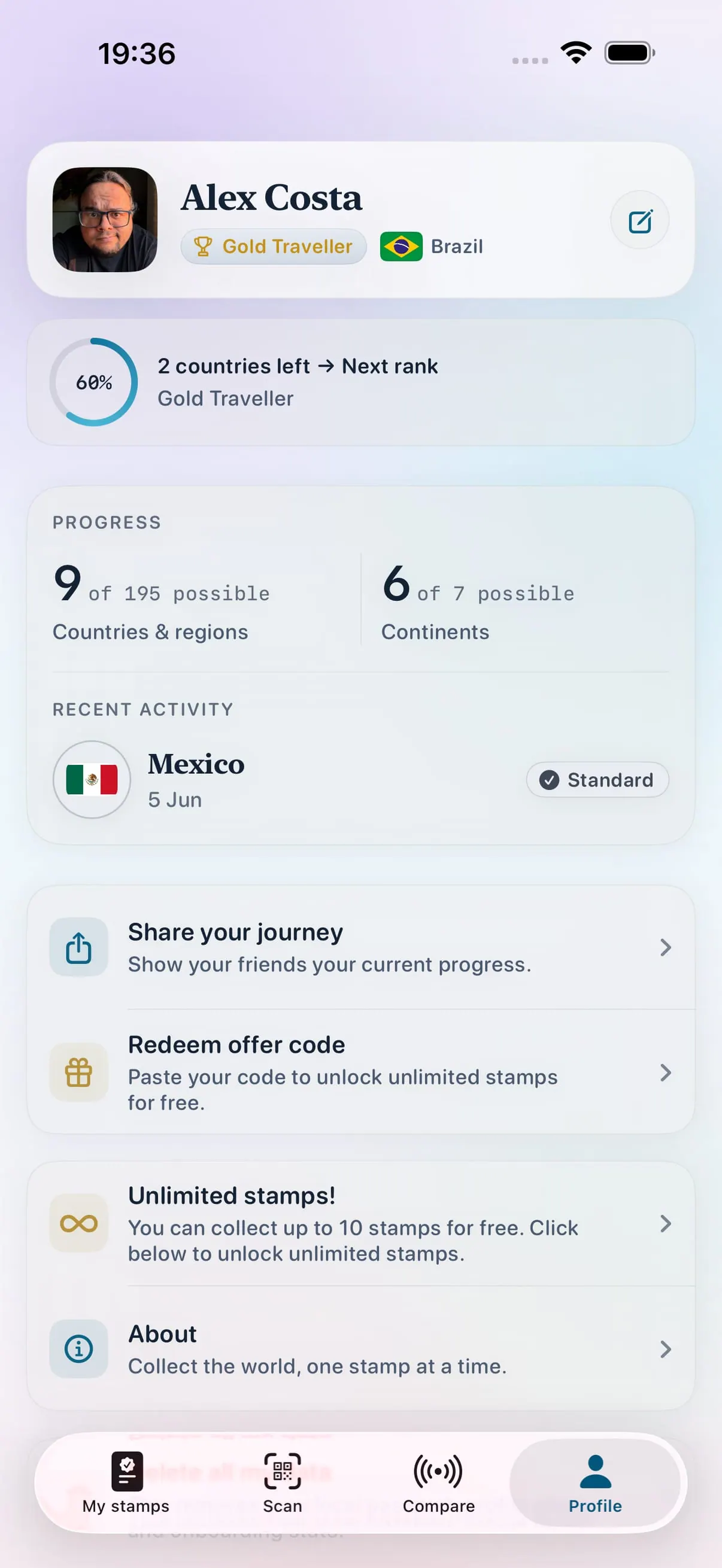 Perfil com classificação e progresso