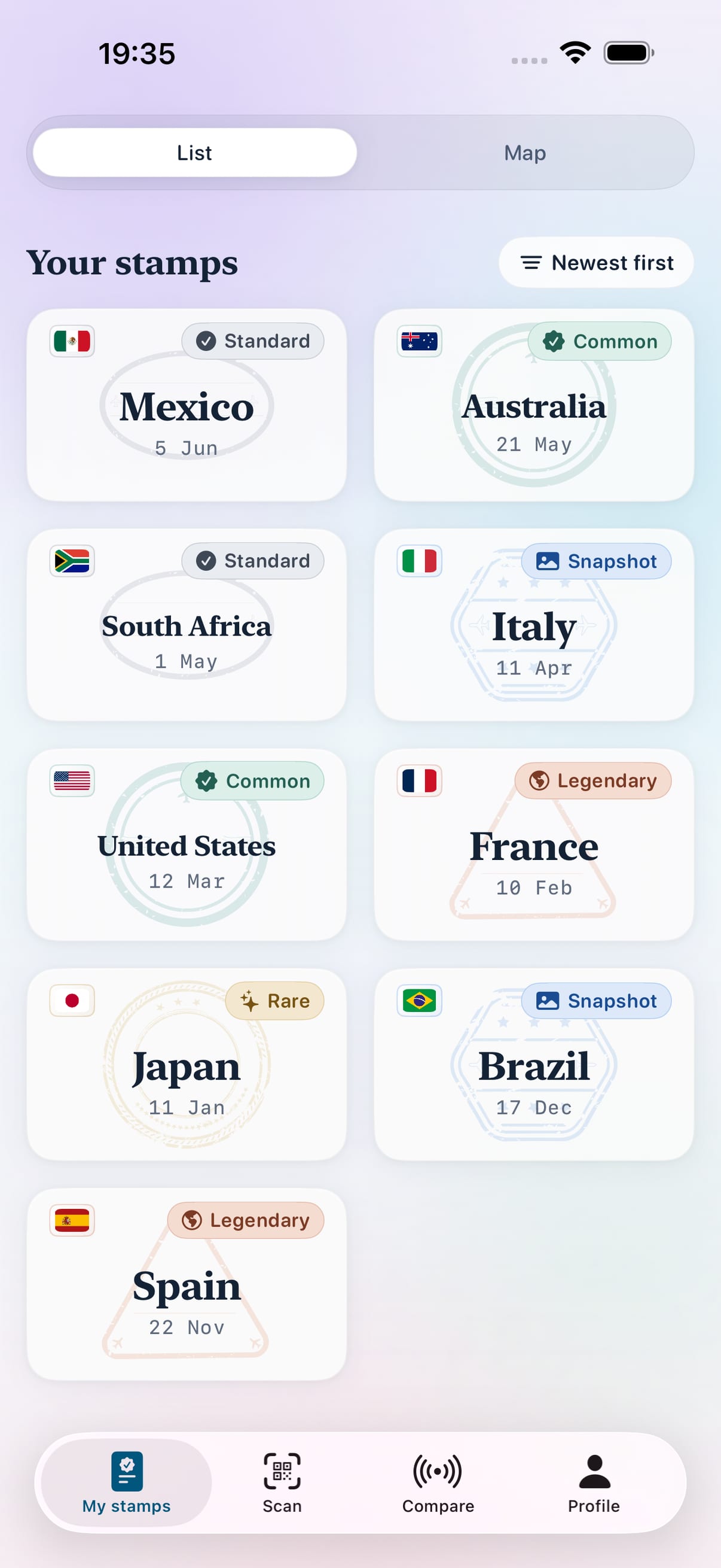 Seus carimbos — a tela de passaporte do Stamp Hunt