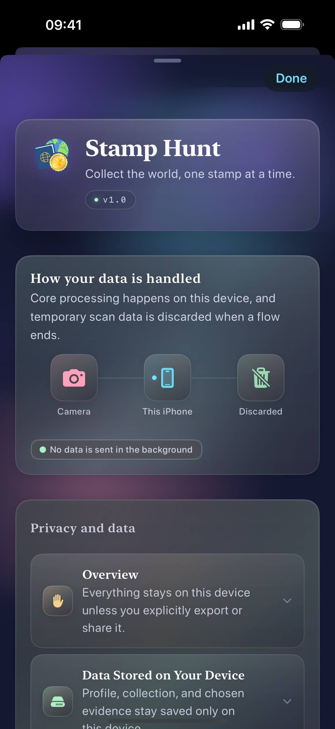 Stamp Hunt About screen in dark mode