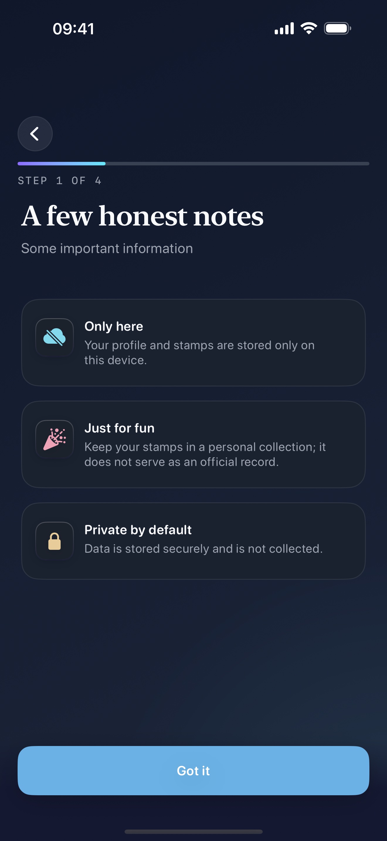 Stamp Hunt dark mode onboarding screen outlining that the app is just for fun, stays on device, and is not official