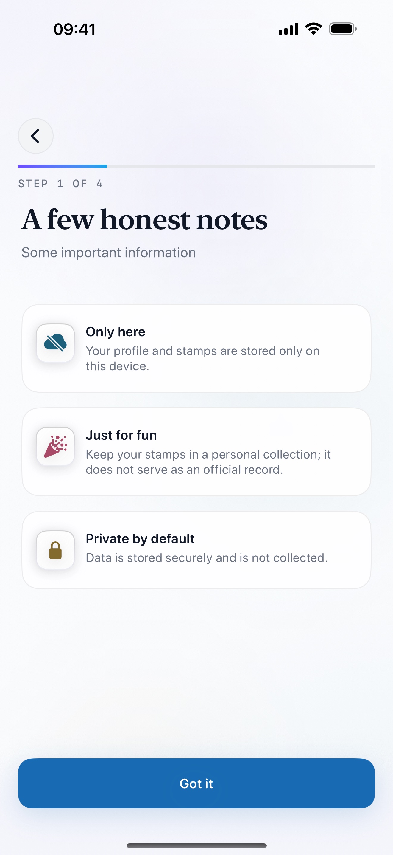 Stamp Hunt onboarding screen outlining that the app is just for fun, stays on device, and is not official