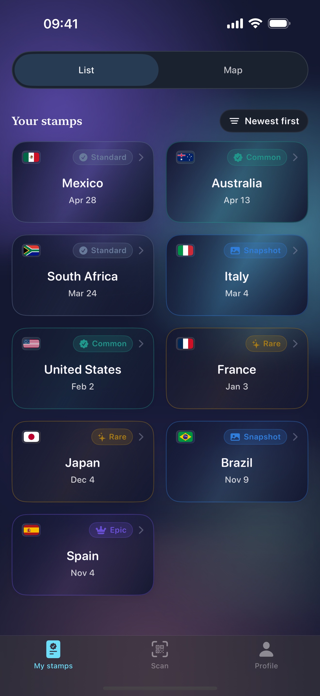 Stamp Hunt passport screen with map and stamp list in dark mode