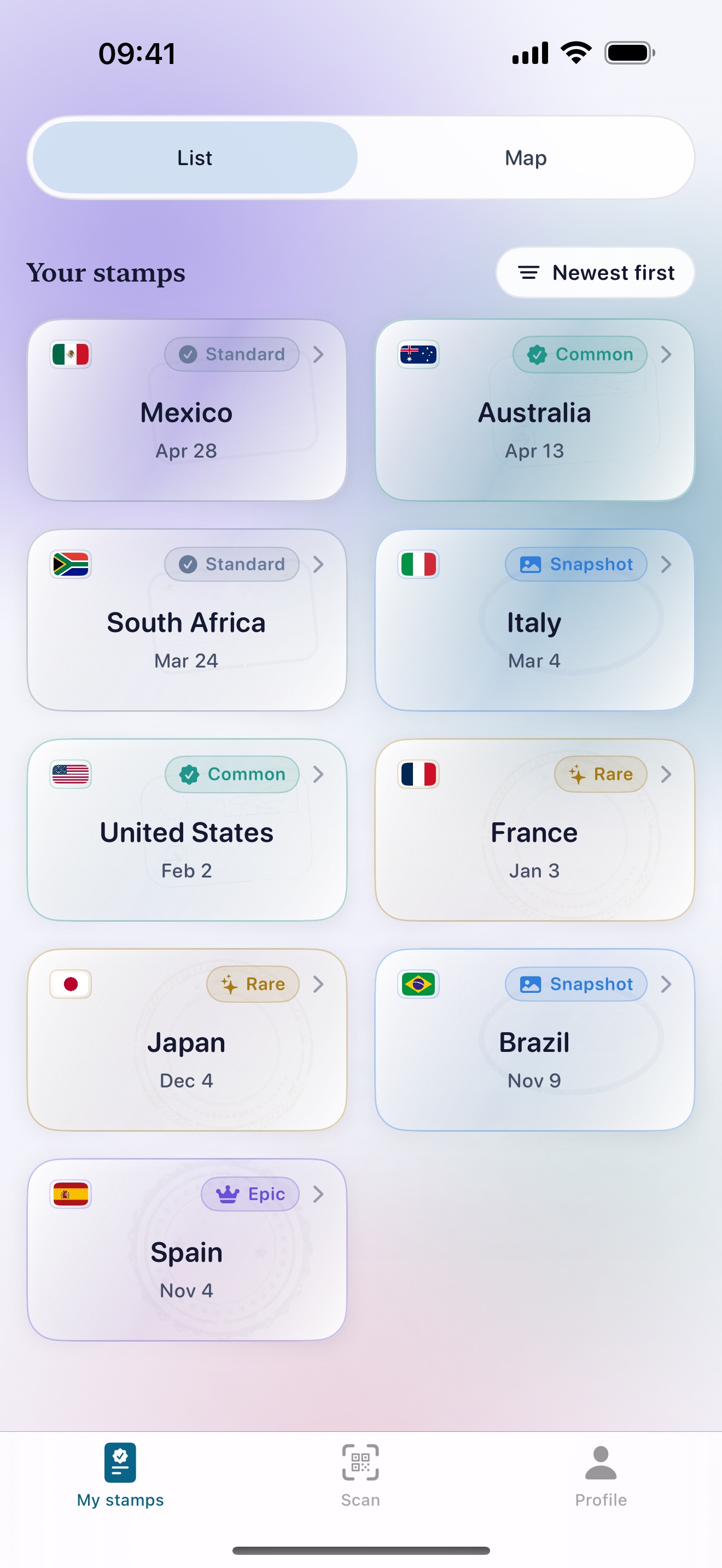 Stamp Hunt passport screen with map and stamp list