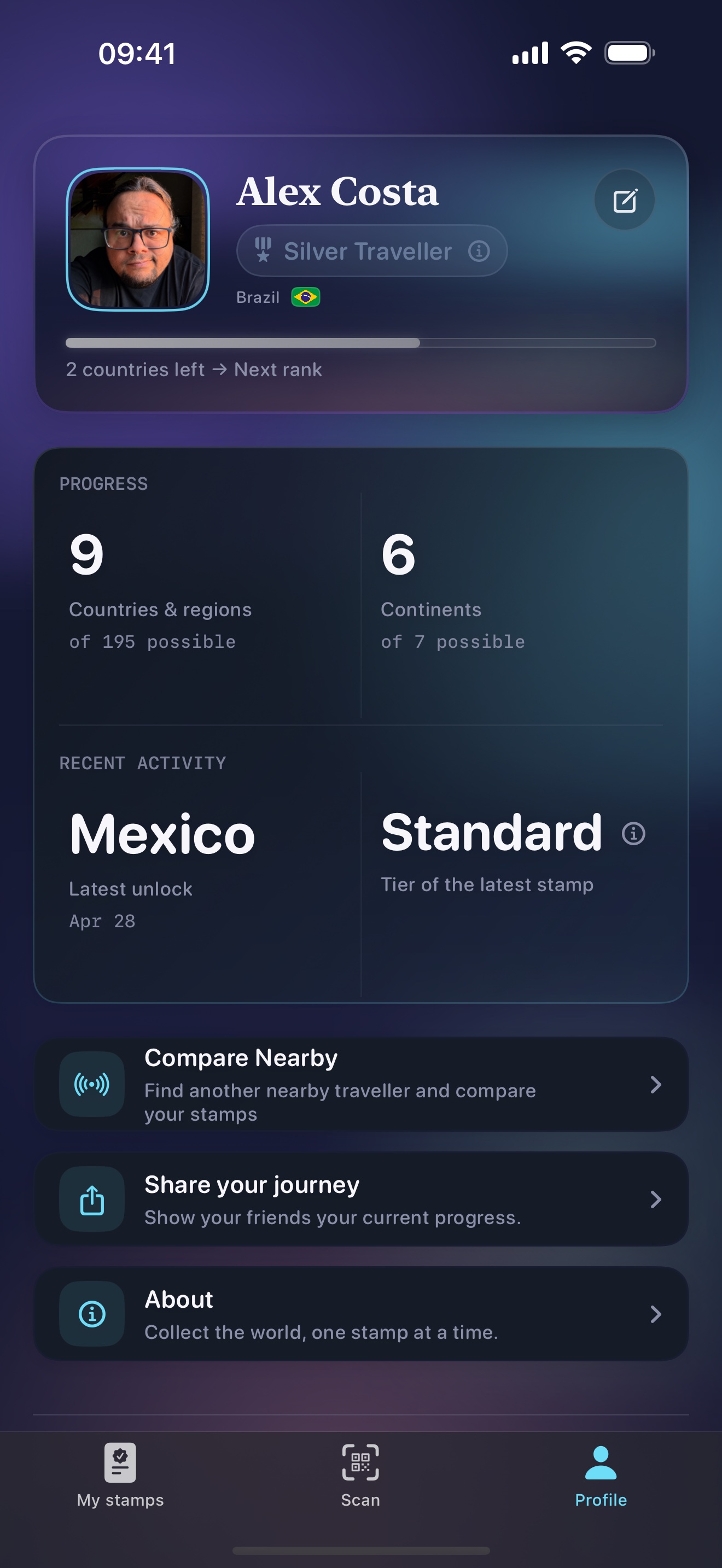 Stamp Hunt profile screen in dark mode