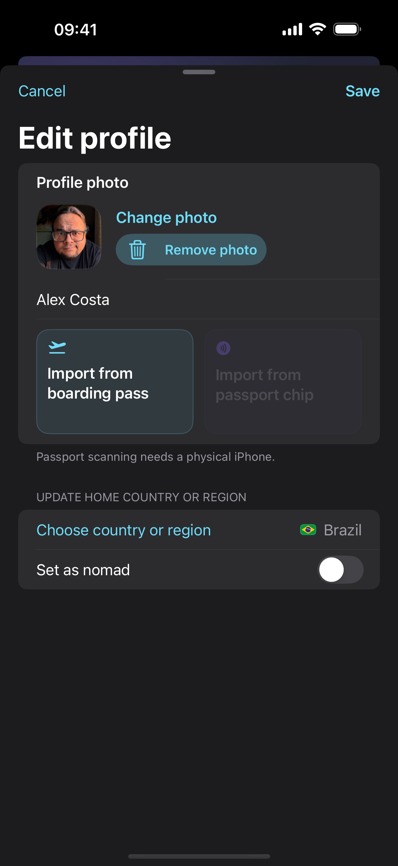 Stamp Hunt profile editor screen in dark mode