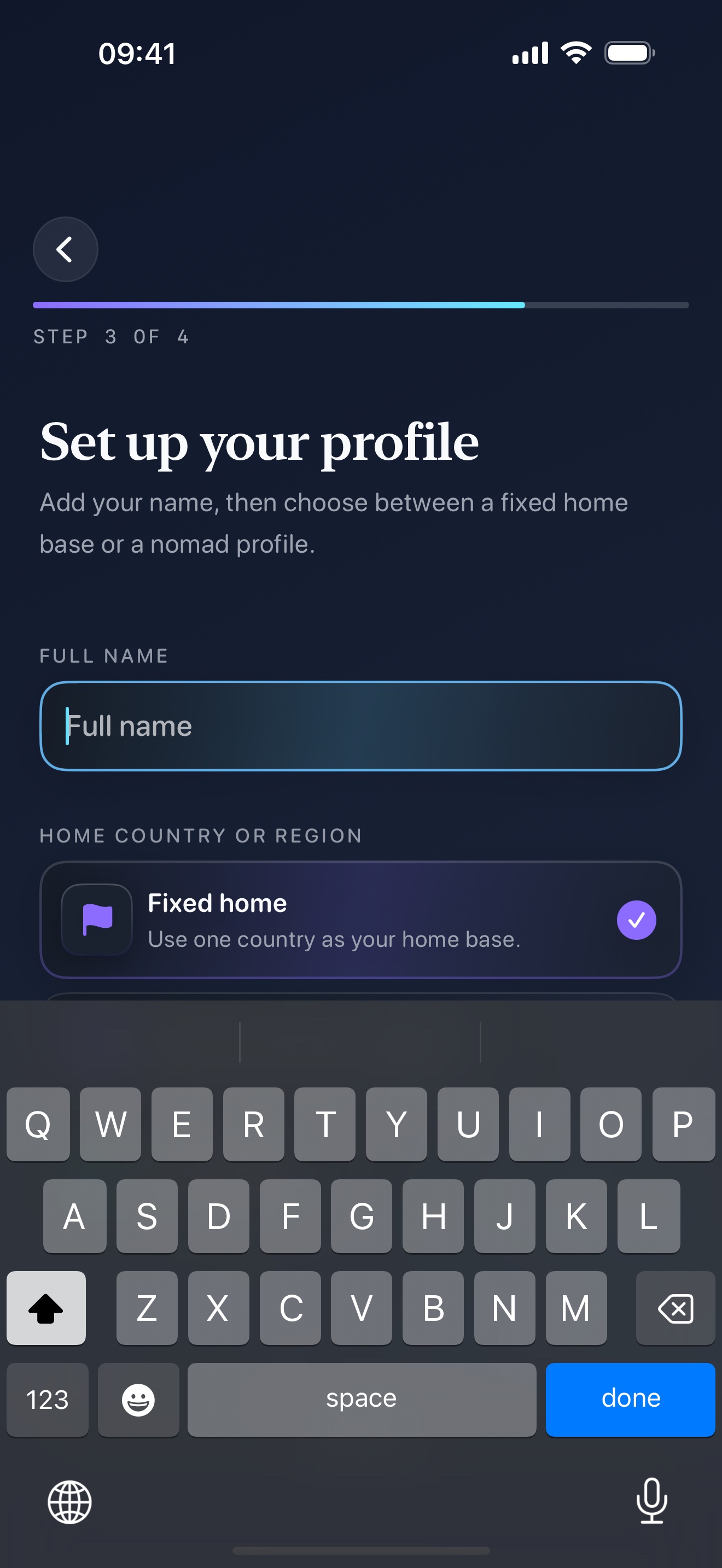 Stamp Hunt profile setup screen in dark mode