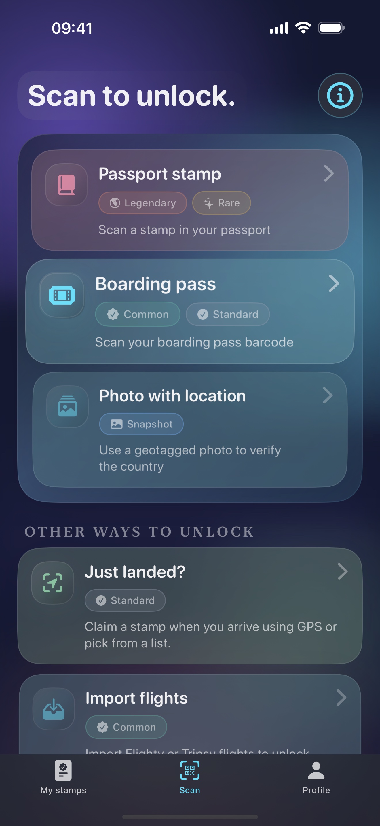 Stamp Hunt Scan tab screen in dark mode