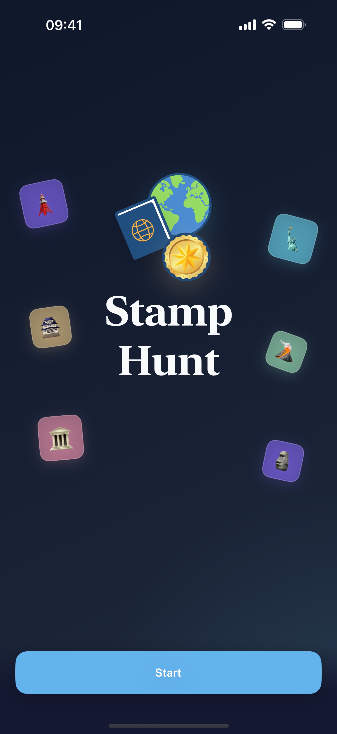 Stamp Hunt dark mode onboarding screen showing the new logo, floating landmarks, and continue button