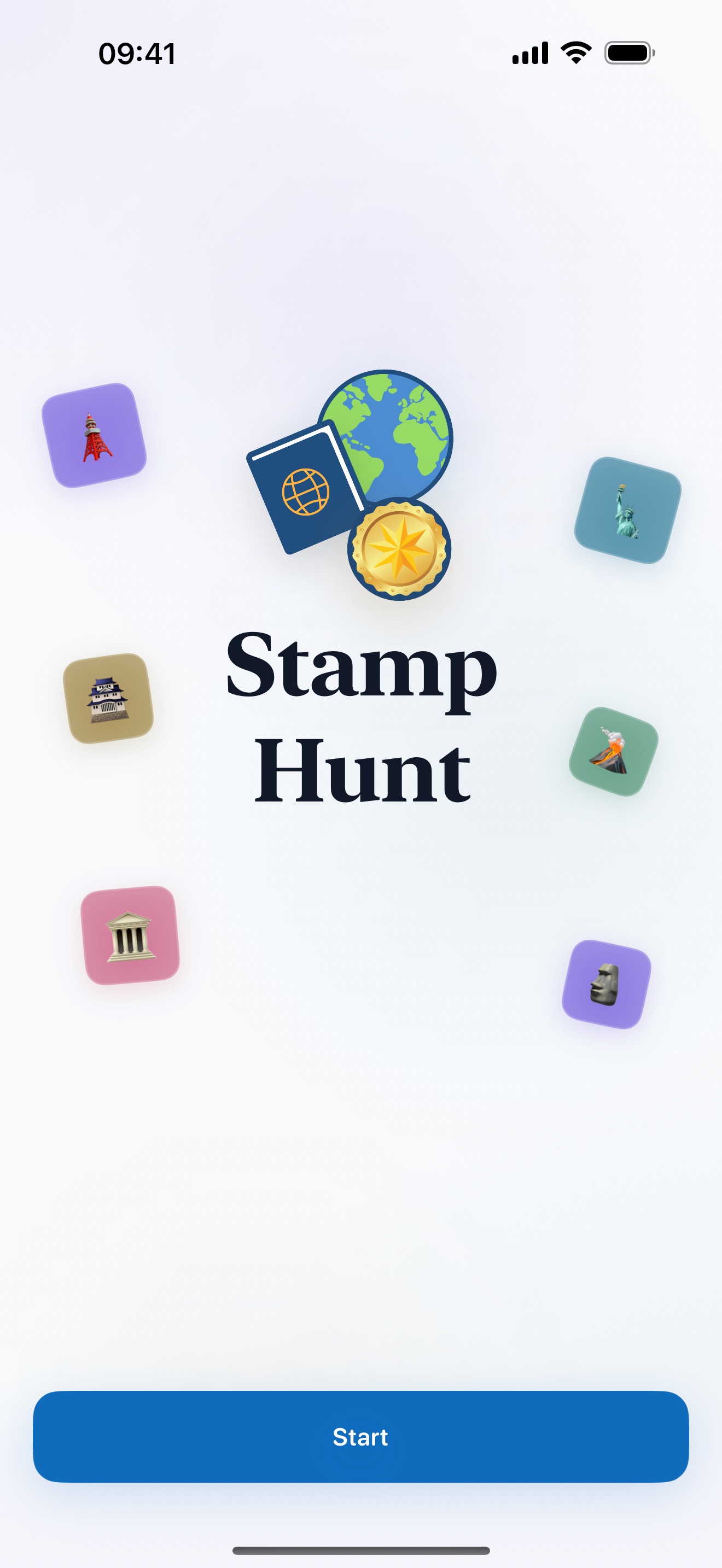 Stamp Hunt onboarding screen showing the new logo, floating landmarks, and continue button