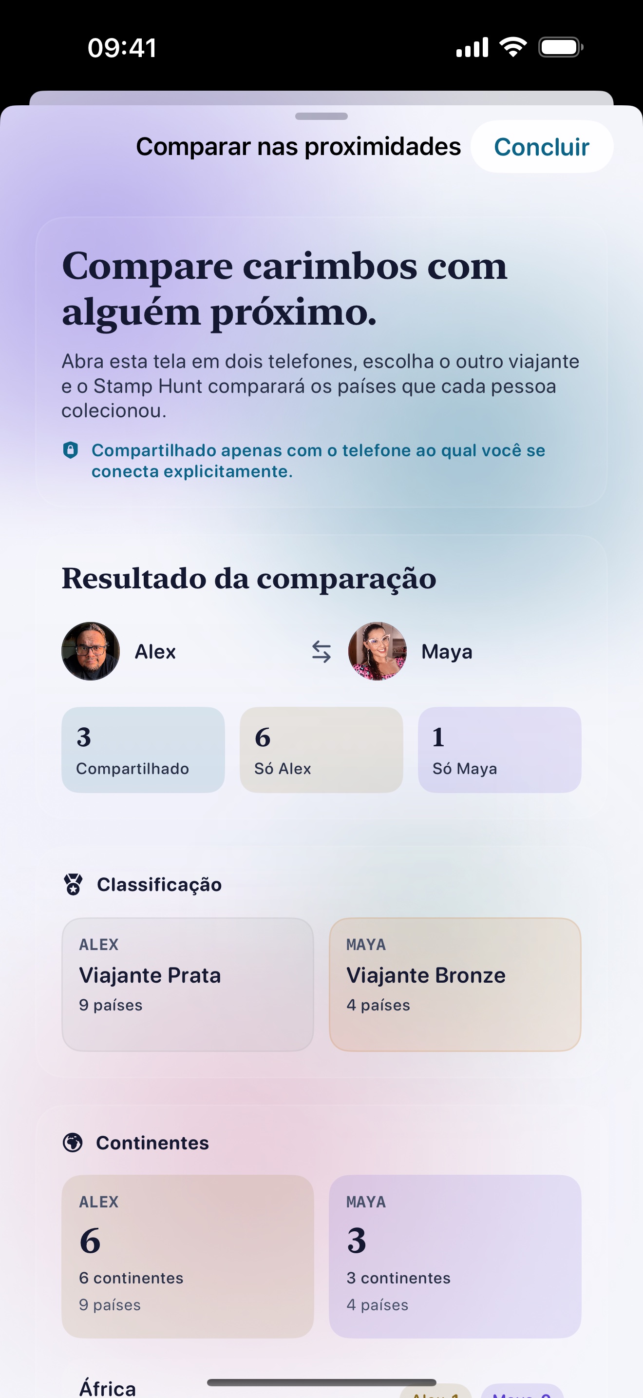 Tela de comparação do Stamp Hunt mostrando carimbos de países lado a lado