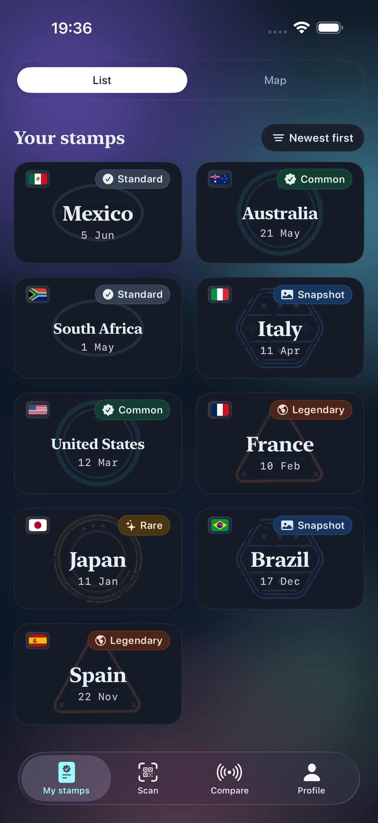 Tela de coleção do passaporte no Stamp Hunt em modo escuro