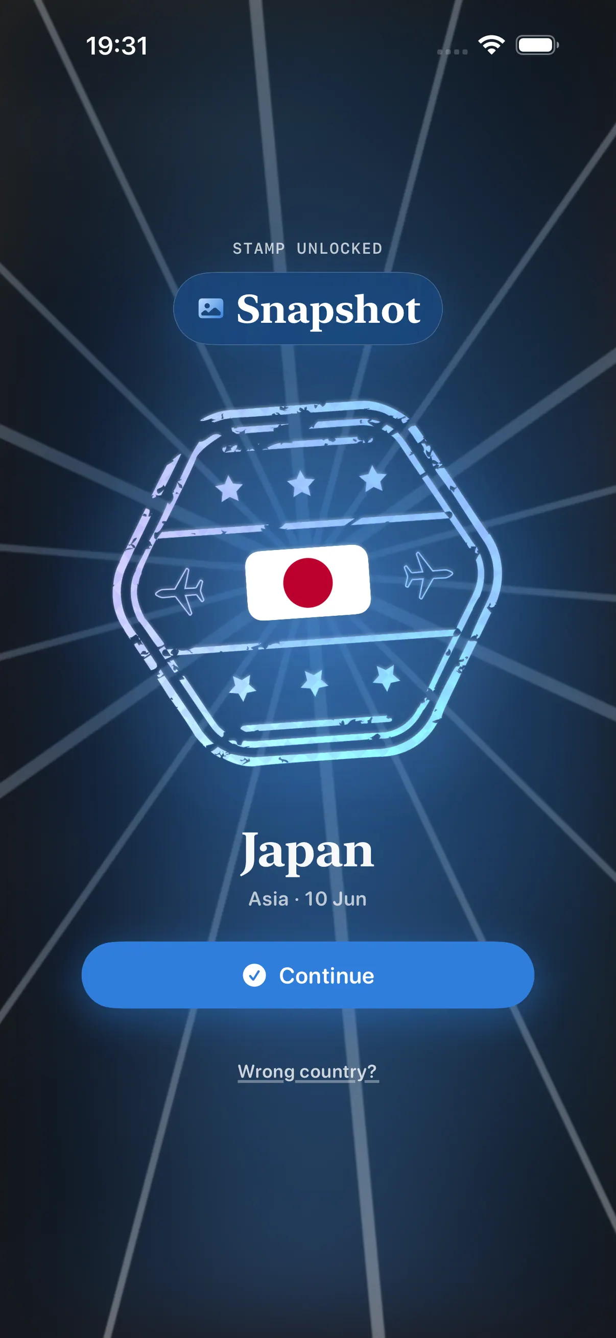 Stamp Hunt Snapshot stamp celebration in dark mode after unlocking Brazil from a photo
