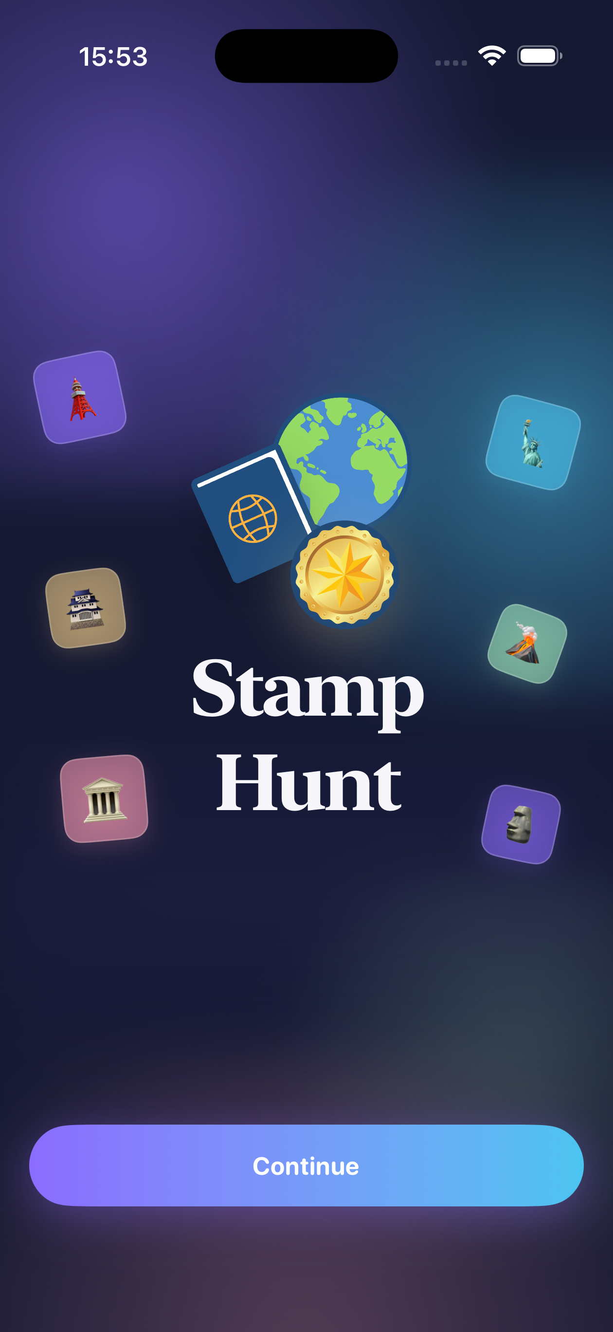 Stamp Hunt dark mode onboarding screen showing the new logo, floating landmarks, and continue button