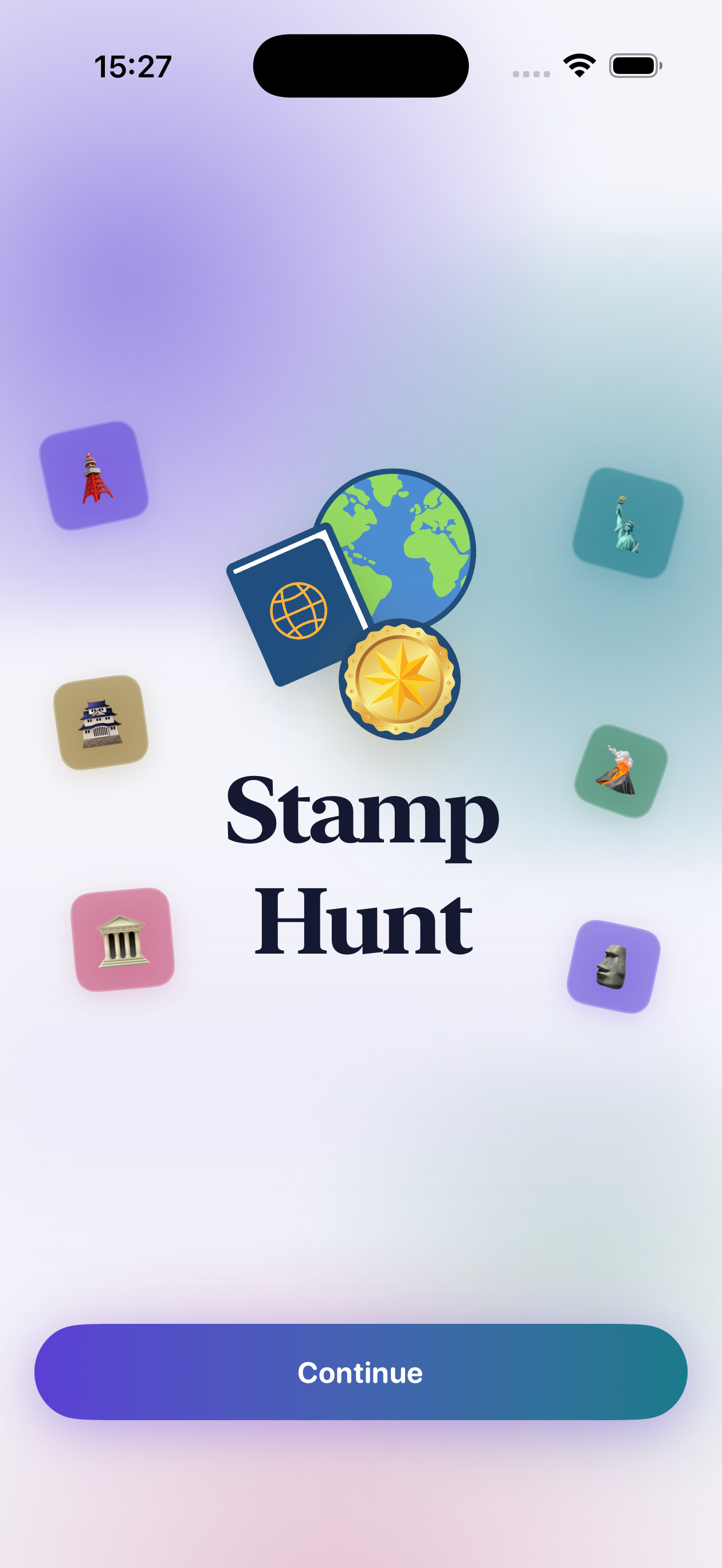 Stamp Hunt onboarding screen showing the new logo, floating landmarks, and continue button