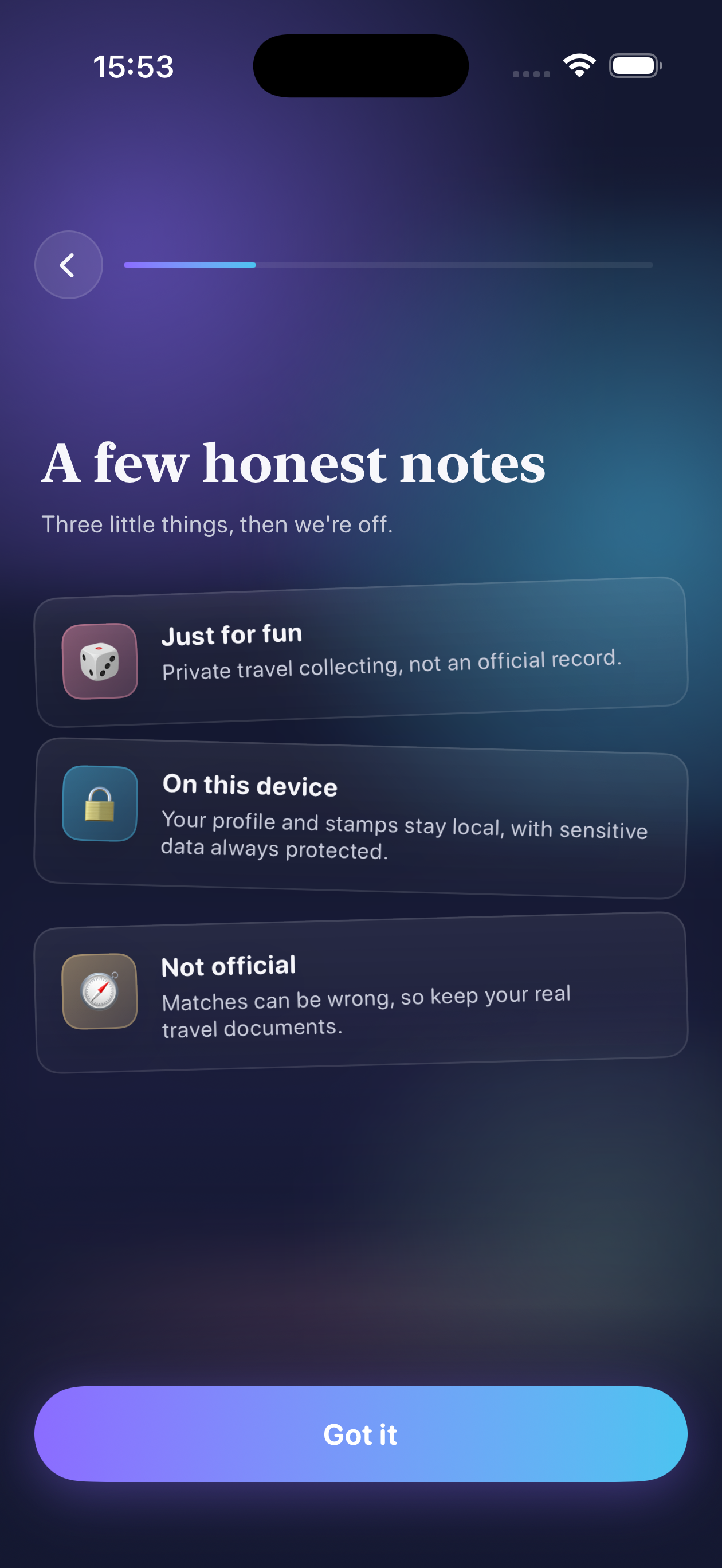 Stamp Hunt dark mode onboarding screen outlining that the app is just for fun, stays on device, and is not official