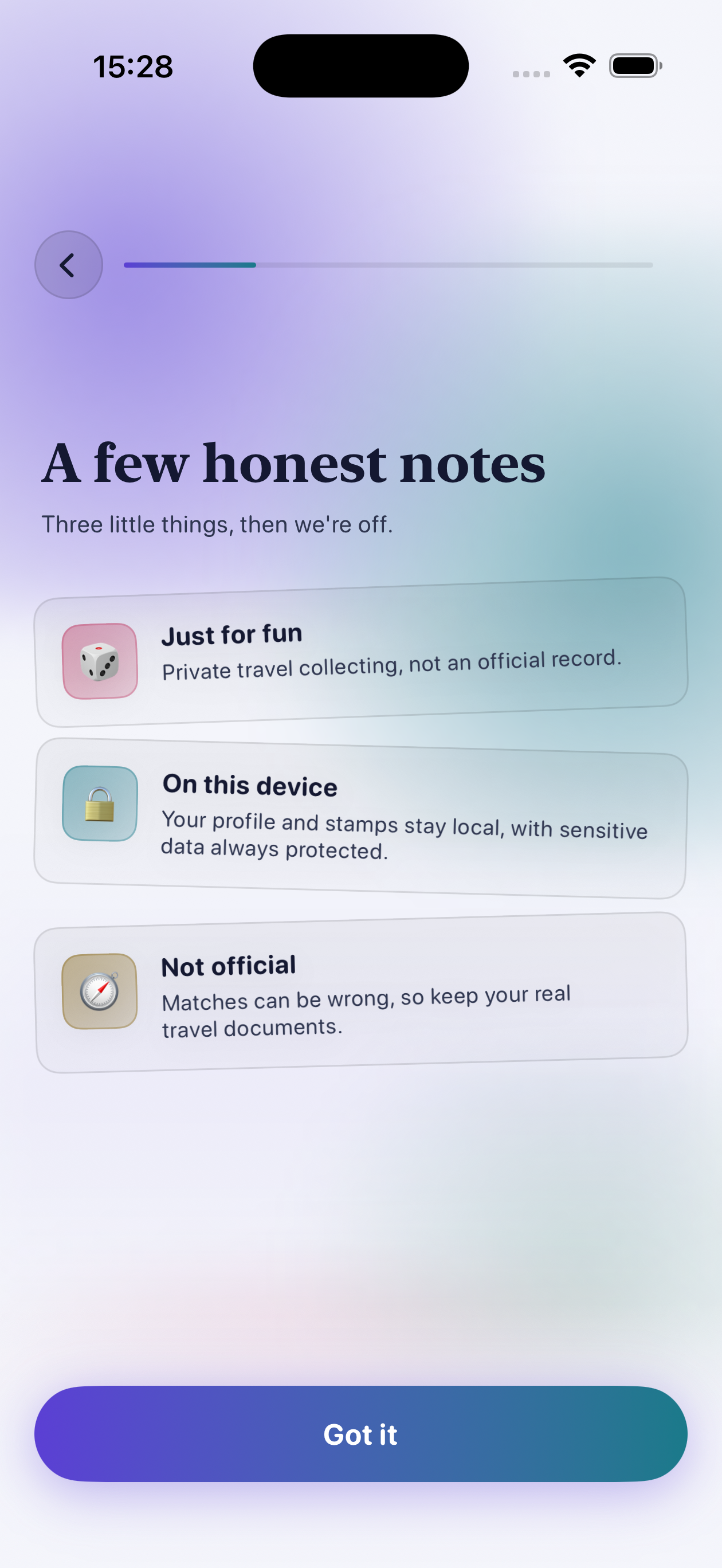Stamp Hunt onboarding screen outlining that the app is just for fun, stays on device, and is not official